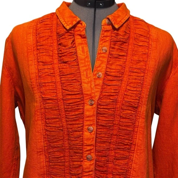 Pilcro | Orange Pleated Bib Button Down Blouse | Size S - Picture 2 of 9